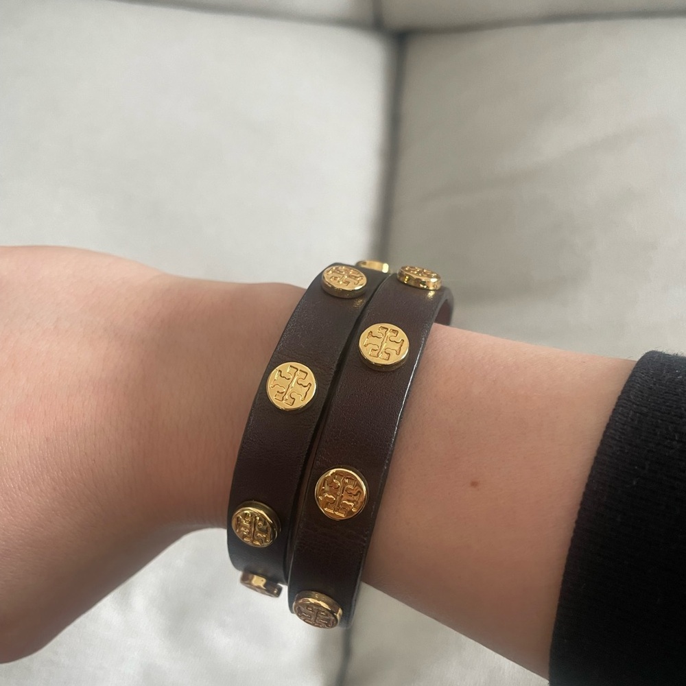 Tory Burch Miller Double Wrap Leather Bracelet – Brown & Gold